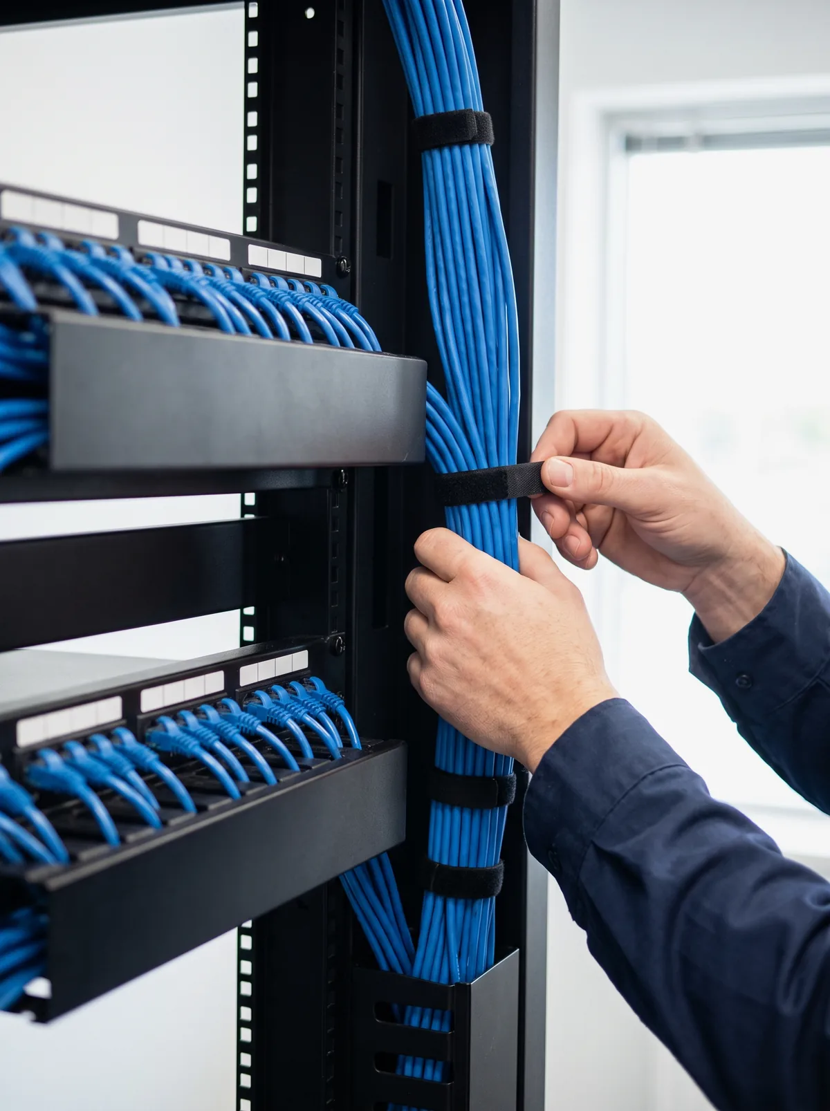 Técnico ajustando una amarra de velcro en el mazo de cables de red de un rack de comunicaciones