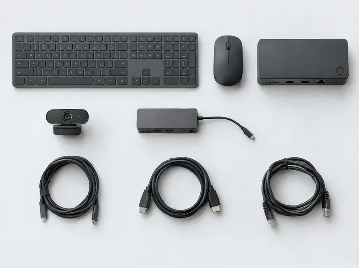 Teclado, mouse, docking station, cámara web, hub USB y cables