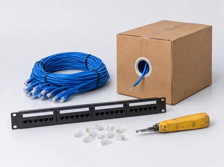 Cable UTP, patch panel, caja de cable y herramienta de ponchado