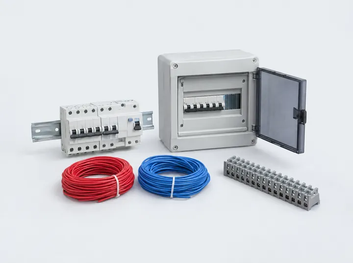 Tablero eléctrico, interruptores automáticos en riel DIN, cables y regleta de bornes