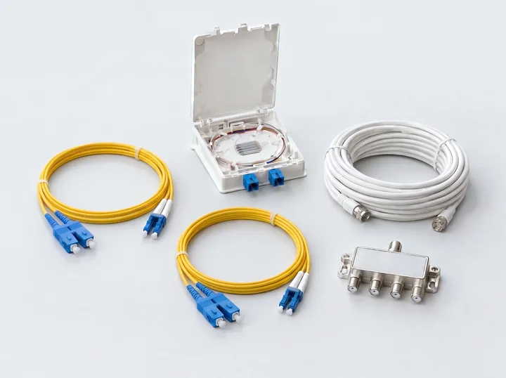 Patch cords de fibra óptica, caja de terminación, cable coaxial y divisor