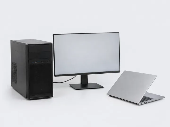 Torre de escritorio, monitor y notebook