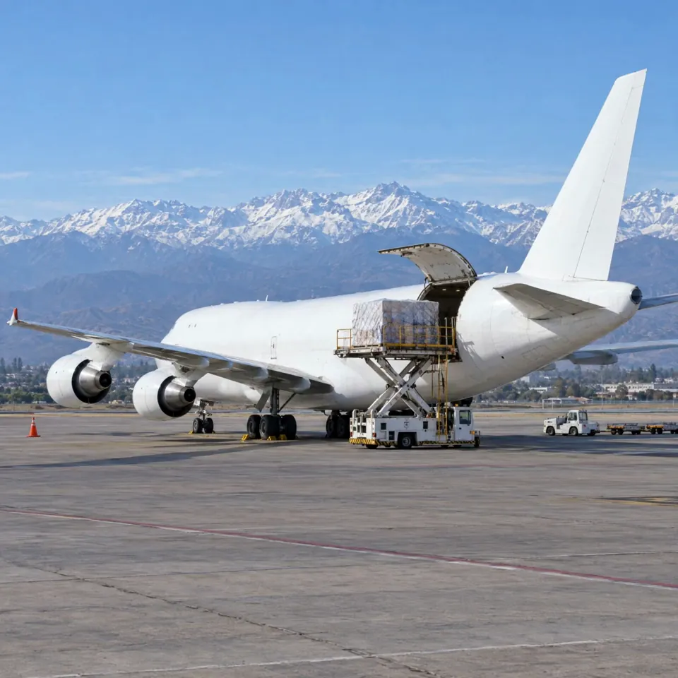 Carga de un pallet en un avión de carga, con la cordillera de los Andes al fondo